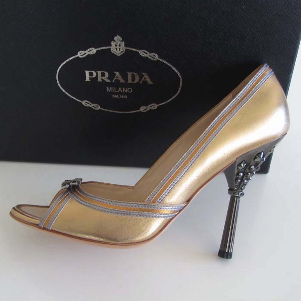 PRADA jeweled heel gold peep-toe pumps 40 / 10 US - Picture 5 of 8